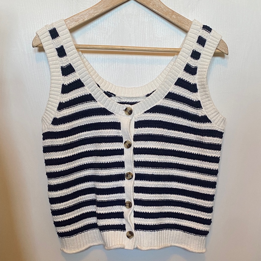 J. Crew Navy and White Striped Button Tank Top